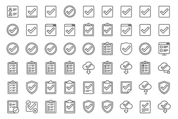 Check mark line icon set. Vector tick symbol in circle and square. Clipboard checklist, survey and task done. Quality control, verification, accepted and approved icons.