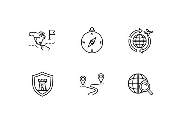 Travel and navigation vector icon set. Includes map with location flag, compass, global flight routes, security shield, path with destination pins, and globe search icon.
