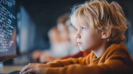 Coding kid's Concentration: A young child with blonde hair focuses intensely while coding, learning, or working on a computer screen.