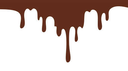Melted chocolate or syrup drips isolated on a white background. Flowing liquid chocolate border element. A sweet brown syrup or sauce that melts and drips.