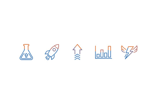 Business growth and startup icon set. Vector line icons for innovation, progress, and success. Rocket launch for boost, data analysis chart, fast energy, and development.
