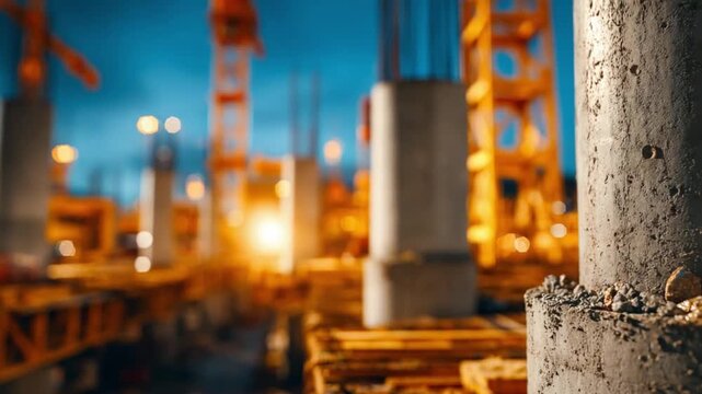 Concrete Pillars at Dusk: Close-up of sturdy concrete pillars on a construction site, illuminated by the warm glow of the setting sun, with industrial cranes and structures in the background.