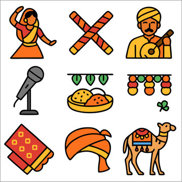 Flat Icon Set Madhavpur Mela Festival Cultural & Mythological Symbols in Flat Bold Vector Style
