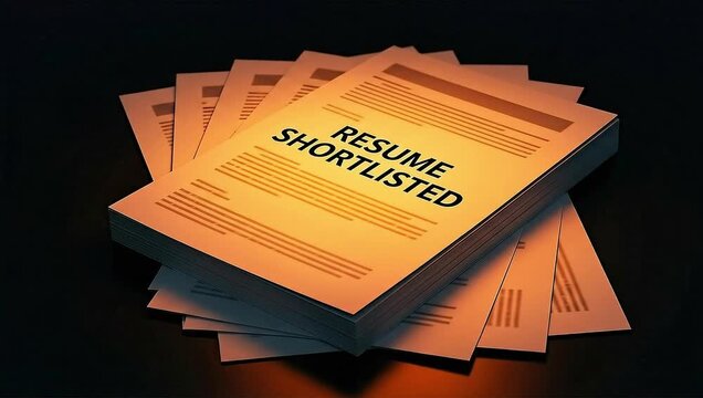 Shortlisted resume papers fanned out with orange glow, representing career opportunity