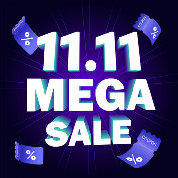 11.11 Mega sale 3d white neon text on purple background. 3D number 11 logo marketing promotion banner advertise on social media , e commerce with super deal discount coupon. Special online shopping