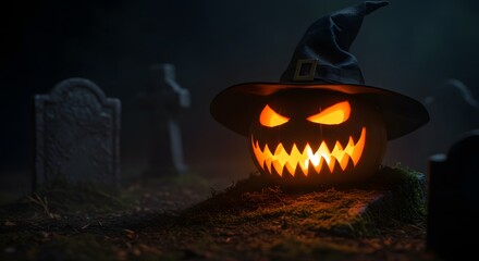 A jack-o'-lantern wearing a witch's hat glows menacingly in a graveyard at night