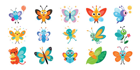 Obraz premium Collection of diverse cute cartoon butterflies with whimsical designs and bright colors