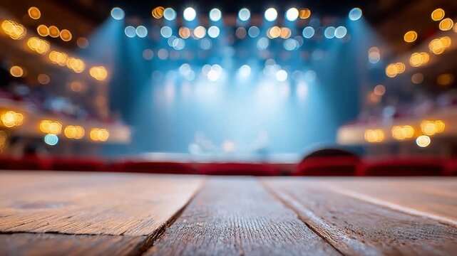 Empty Stage: A close-up view of an empty stage and wooden floor, where lights shine in the distance creating a perfect spot for the events.