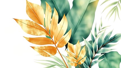 Watercolor botanical illustration of tropical plants with gold leaf accents on soft gradient background.