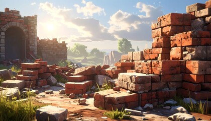 A dilapidated brick structure amidst a scenic landscape under a sunny sky with scattered clouds