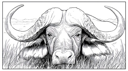 Detailed black & white drawing of a cape buffalo emerging from tall grass