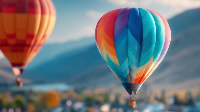 Soaring High: The radiant scene of two hot air balloons suspended in the clear sky, with vibrant hues contrasting against the distant backdrop of a quaint town and majestic mountains.