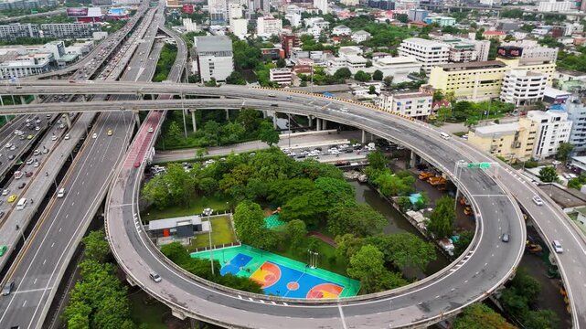Aerial view Sirat and Chalong Rat Expressway roads in Bangkok city