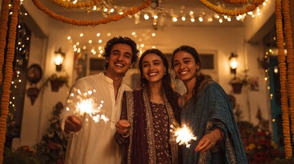 Joyful family celebrating diwali with sparklers in front of their decorated home, spreading festive cheer
