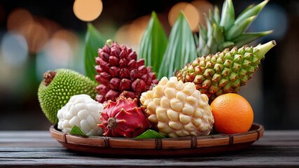 Exotic Fruit Basket: A vibrant arrangement of exotic fruits, each a burst of flavor and color, artfully arranged in a rustic basket, showcasing the diversity of nature's bounty. 