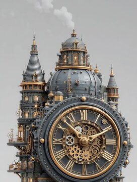 Clock-punk tower soaring into clouds, with rotating gears, spinning cogs, swinging pendulums, and a glowing astrolabe face. Intricate, magical, steampunk-inspired engineering marvel.
