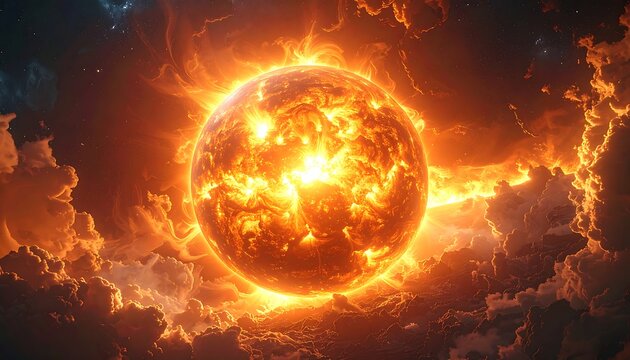 A fiery orb surrounded by swirling clouds of orange and gold, radiating intense light