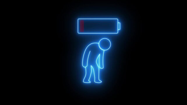 Severe fatigue and depression symbolized by a slouching neon human and an almost completely empty battery