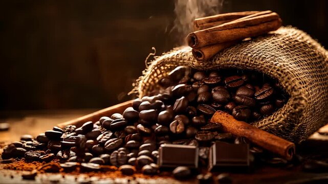 The delightful combination of coffee beans, rich chocolate, cinnamon, and a burlap sack makes for an aromatic essence that exudes warmth and comfort, perfect for any coffee lovers culinary experience