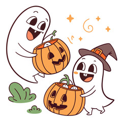 Cute ghosts celebrating halloween with pumpkins