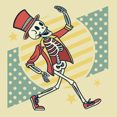Dancing skeleton in a red suit and hat vector