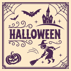 Halloween frame with bat, castle, pumpkin, and witch isolated on white