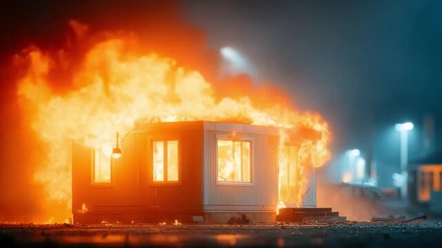 Inferno Devours Home: A house engulfed in flames, a scene of destruction, with the fire spreading rapidly, consuming everything in its path, representing loss and disaster.