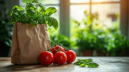 Freshly picked basil in a paper bag with ripe red tomatoes on a rustic wooden table.