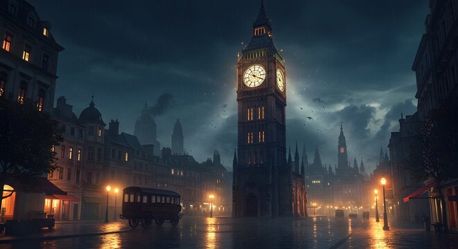 A nighttime street scene with a prominent clock tower, reflecting light on wet pavement