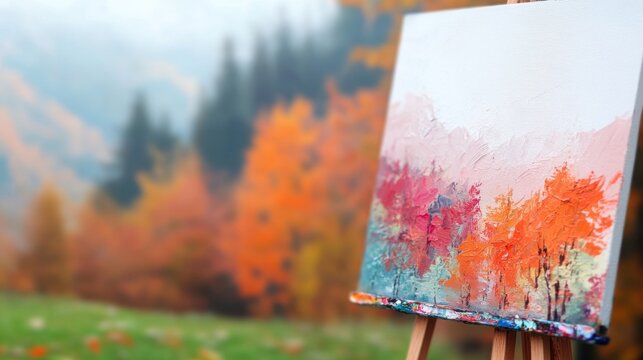 An artist paints amidst vibrant autumn foliage in the mountains. The scene showcases rich colors of orange, red, and yellow, creating a stunning backdrop for creativity