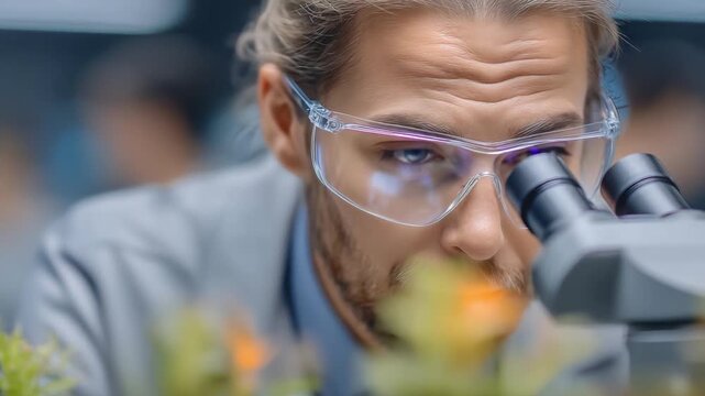 Scientist's Eye: A focused scientist, shielded by protective eyewear, peers intently into the lens of a microscope, embodying the spirit of scientific discovery and meticulous research.