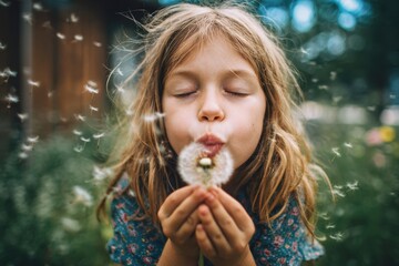Child blowing dandelion seeds in garden