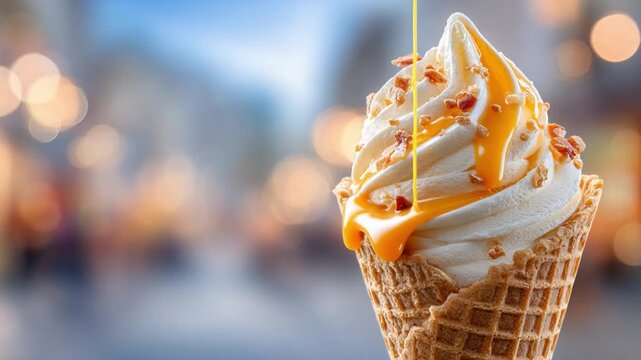 Sweet Symphony: A delectable swirl of soft-serve ice cream, crowned with a drizzle of caramel and a sprinkle of chopped nuts, nestled in a crispy waffle cone.
