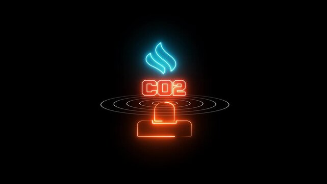 Dangerous co2 gas leak monitoring, visualized as an animated neon icon with a bright blue smoke plume