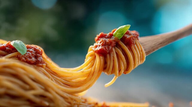 Pasta Perfection: A culinary close-up features perfectly cooked spaghetti, generously coated in a rich, vibrant sauce, presented on a wooden fork, offering a delightful visual of this classic dish.