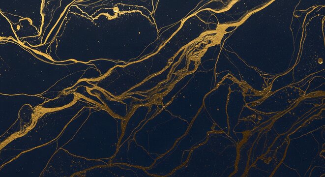 A dark, abstract pattern of golden veins meandering across a navy blue background - Powered by Adobe