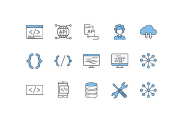 Software development and programming icons set with API, coding, cloud computing, database, and technical tools for web and mobile applications
