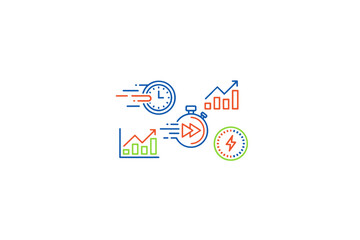 Fast time management and efficiency concept illustration with speed clock, stopwatch, and rising graphs for productivity, growth, deadline, and business success visualization