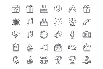 Minimalist celebration icons set with birthday cakes, balloons, gifts, music notes, party hats, trophies, awards, clock, megaphone, camera, and handshake symbols for festive occasions and events