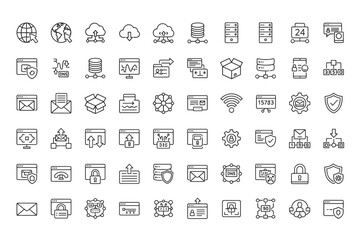 Network and Technology thin line icon set. Web hosting, cloud data server, internet security, and communication vector symbols. DNS, cyber protection, and UI UX pictograms.