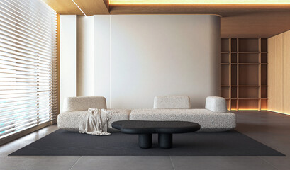 The moderrn minimal white living room and empty wall background. 3d rendering