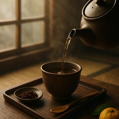 Pouring of Hōjicha Roasted Green Tea in Afternoon Light