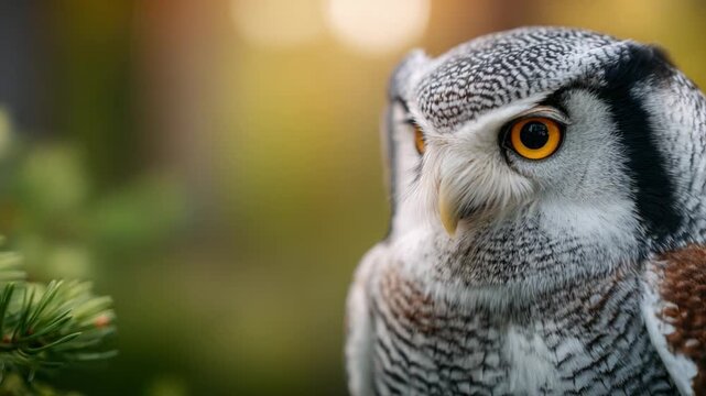 Wise Owl's Gaze: An owl, with piercing eyes and intricate feather patterns, surveys its domain from a verdant perch, embodying wisdom and serenity amidst a backdrop of blurred forest life.