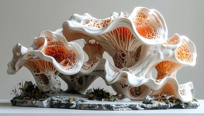 Abstract sculptural piece, organic forms, creamy white, orange hue, stone base