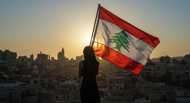 Woman holds lebanese flag at sunset overlooking beirut cityscape.