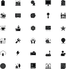 Collection of various black silhouette icons representing diverse concepts design