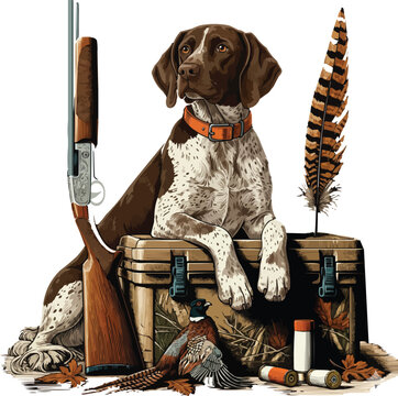 Hunting Dog with Shotgun and Pheasant Vector Illustration