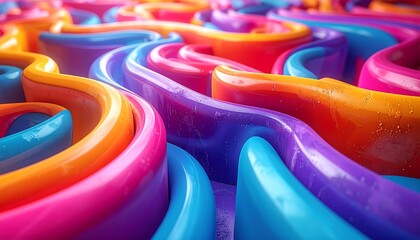 Abstract, vibrant, swirling glossy shapes, with rainbow gradients