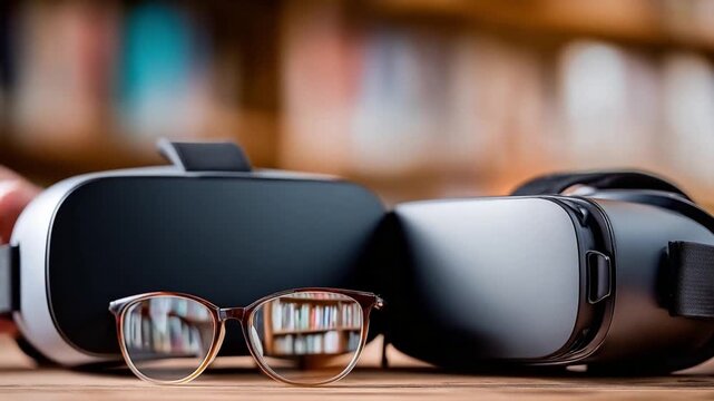 VR Goggles and Spectacles: A close-up shot presents a pair of virtual reality goggles alongside spectacles, set against a softly blurred backdrop of books and shelves.