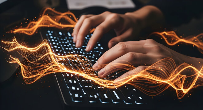 Hands typing on keyboard with glowing light trails effect overlayed